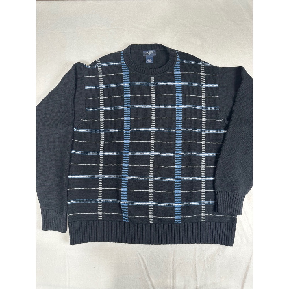 Dockers Mens Sweater XL Extra Large Black Plaid Cotton Long Sleeve Casual Knit